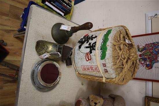 Miscellaneous items, including a Japanese Sake advertising barrel,